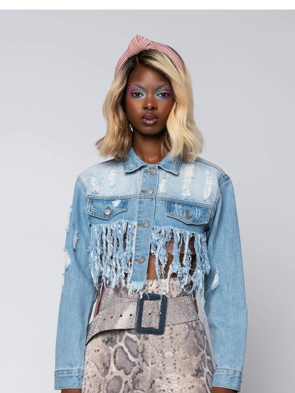 Fringed Cropped Light Blue Denim Jacket - Women